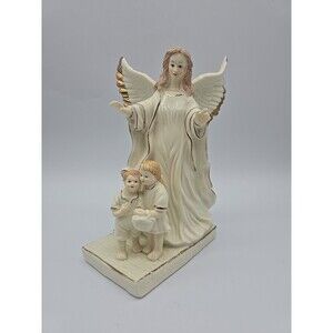 Wallace White Porcelain Guardian Angel Figurine Protecting Children Gold Trim
